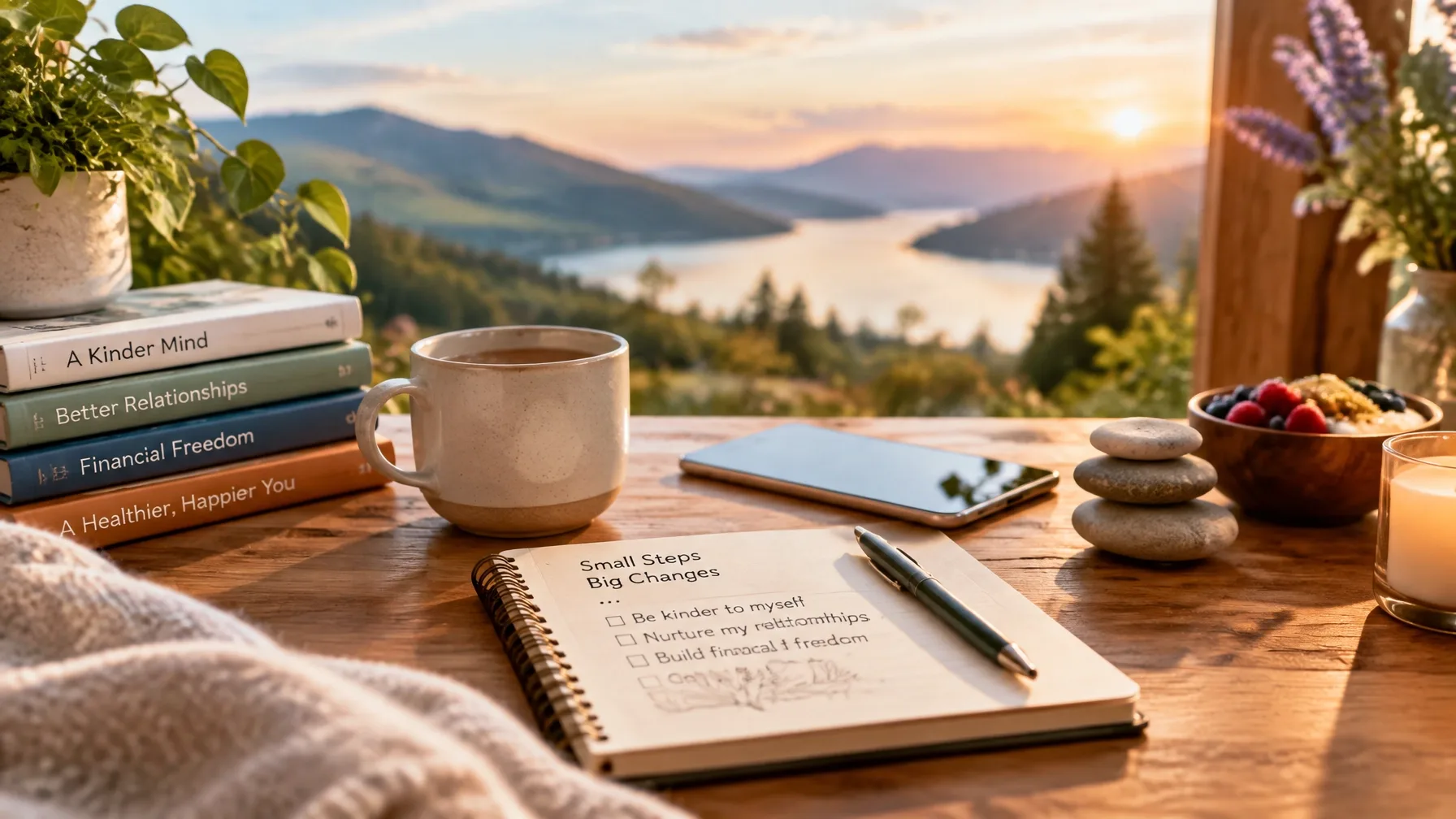 A journal, warm cup of tea, and wellbeing books overlooking a calm mountain lake